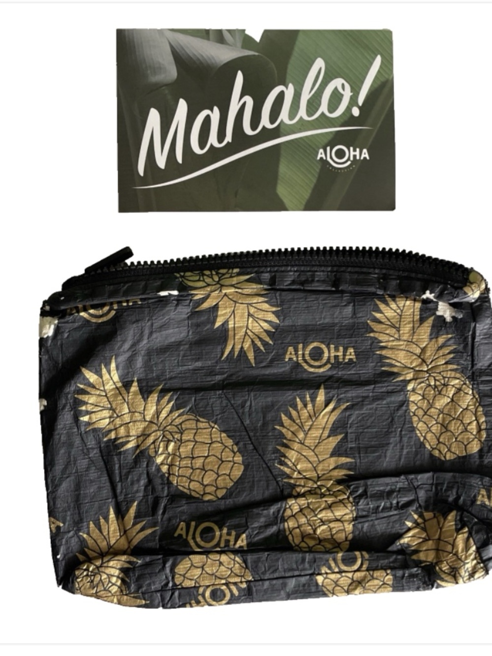 READ DAMAGE - Aloha Collection Small Pouch Bag Pineapple Black gold Hawaii   Dam